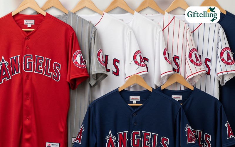 Collection of Los Angeles Angels baseball jerseys showing red white and navy team colors with halo logo