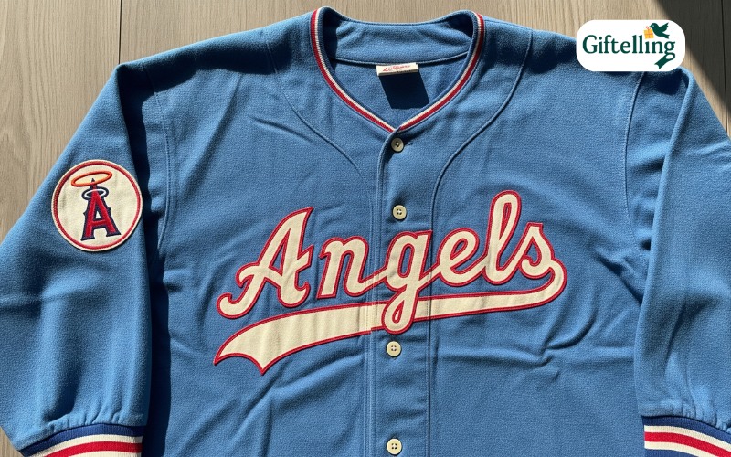 Vintage 1960s Angels baseball jersey in powder blue with classic Angels script lettering