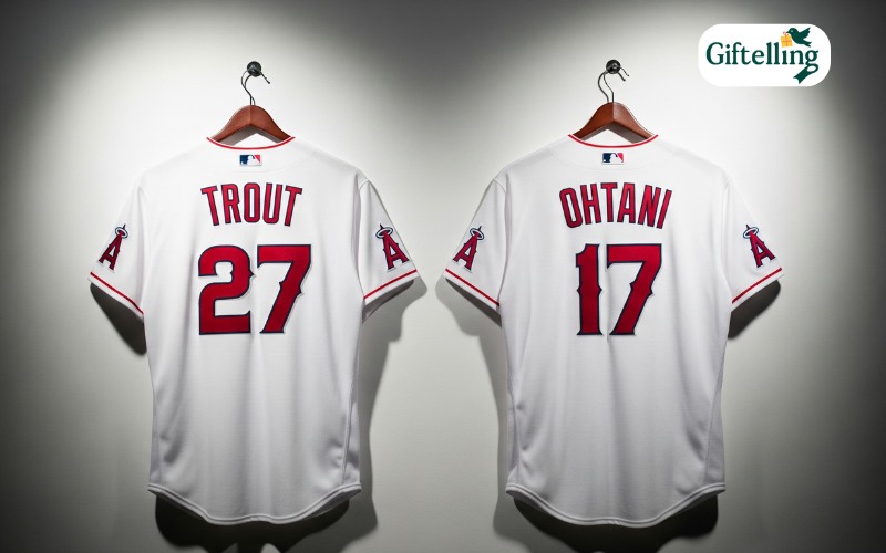 Mike Trout number 27 Angels jersey and Shohei Ohtani number 17 jersey displayed side by side