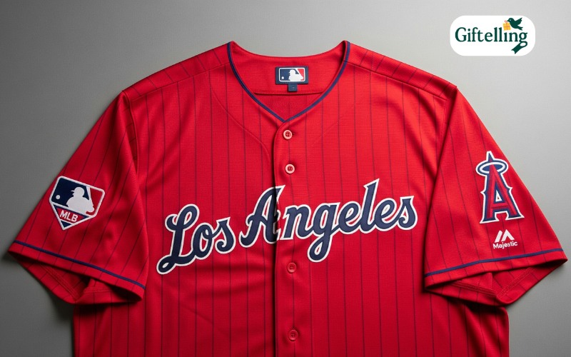 Angels red alternate jersey with Los Angeles script and official MLB patches displayed flat