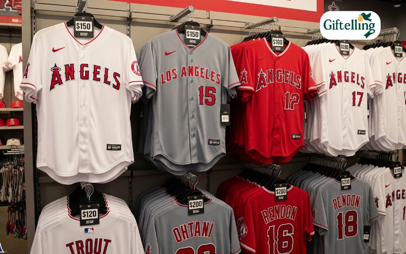 Angels team store display showing various jersey styles hanging on racks with price tags
