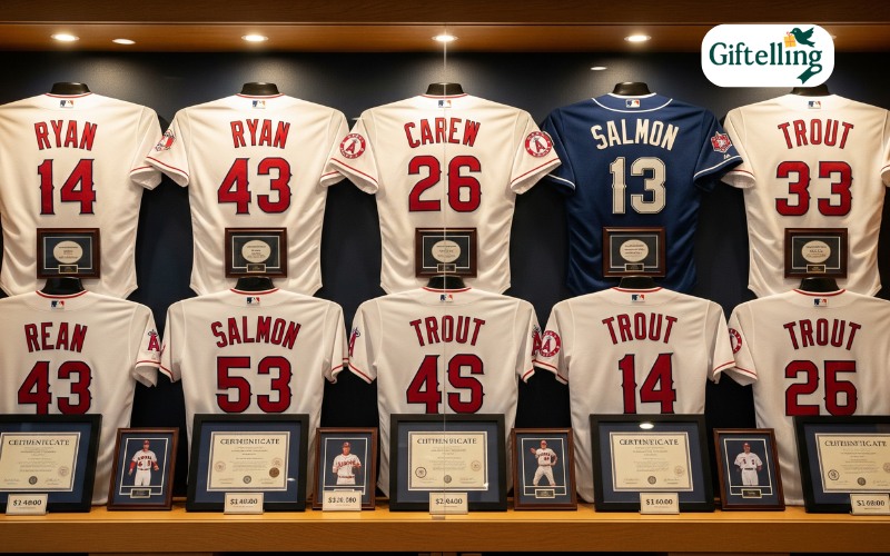 Display case showing valuable Angels jersey collection with authentication certificates and price tags