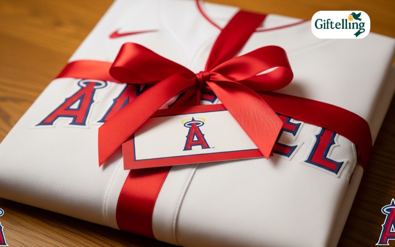 Gift wrapped Angels jersey with red ribbon and Angels themed gift card