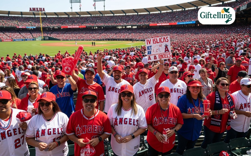 Angels fans at stadium wearing various jersey styles with red accessories and team merchandise