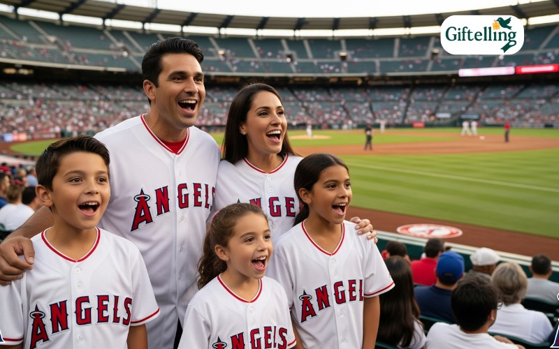 Family wearing matching Angels jerseys at baseball game with children and parents cheering together