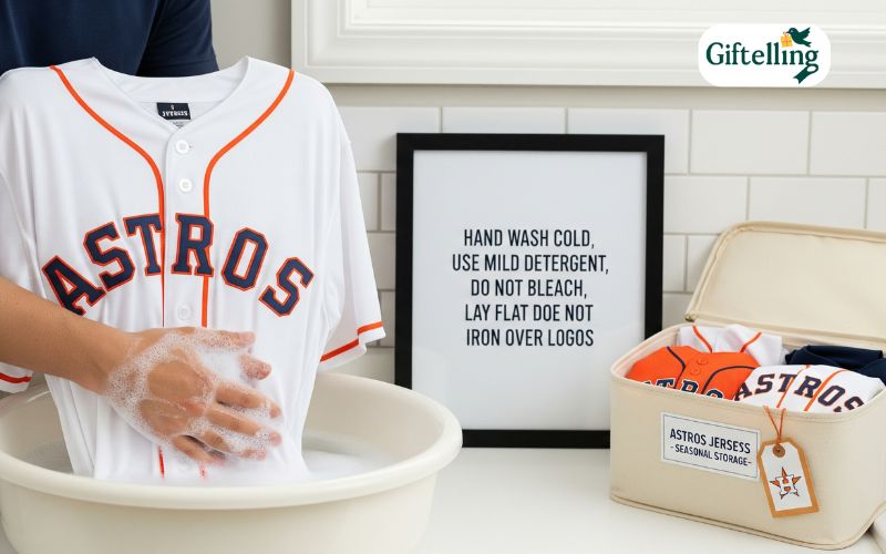 Astros jersey being properly cared for with washing instructions and storage methods displayed