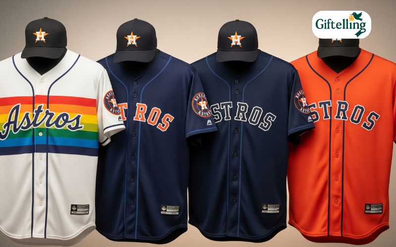 Collection of Houston Astros baseball jerseys showing different eras including rainbow, navy, and current orange designs