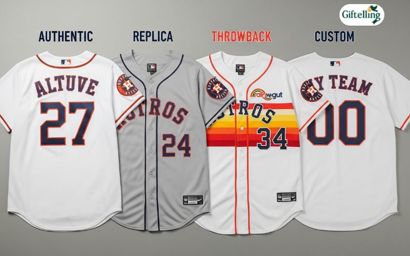 Different types of Astros jerseys laid out showing authentic, replica, throwback, and custom options side by side