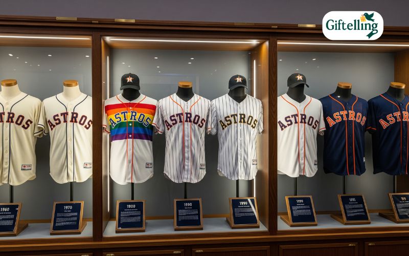 Display case showing a collection of vintage and modern Astros jerseys organized by era and significance