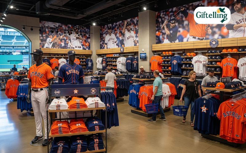 Astros team store at Minute Maid Park displaying official jerseys and merchandise with authentication tags