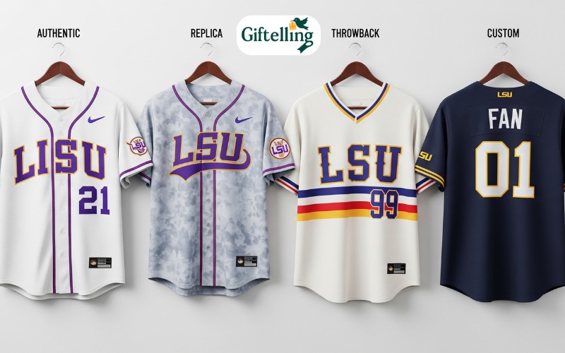 Different types of LSU baseball jerseys displayed showing authentic, replica, throwback, and custom options