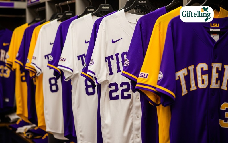 Collection of LSU Tigers baseball jerseys showing purple and gold team colors with LSU logo and player numbers