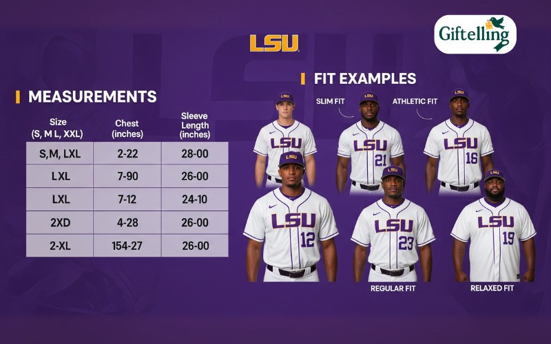 LSU baseball jersey sizing chart showing measurements and fit examples for different body types