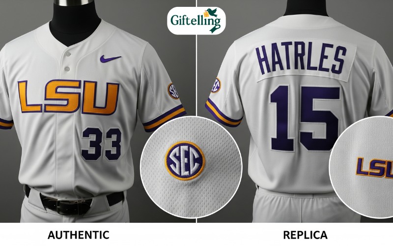 Side-by-side comparison of authentic versus replica LSU baseball jerseys showing quality differences