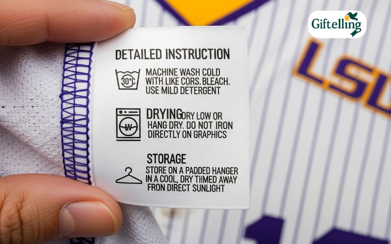 LSU baseball jersey care instructions showing proper washing, drying, and storage methods