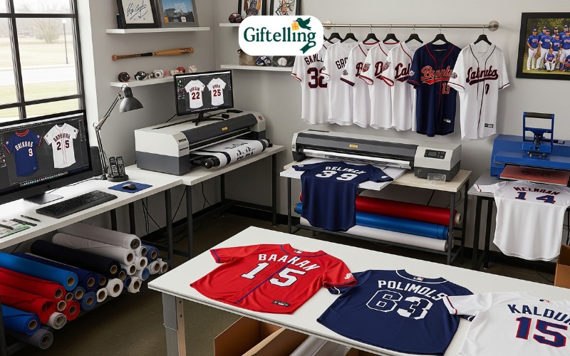 Professional baseball jersey maker workspace showing design tools, printing equipment, and custom uniform samples