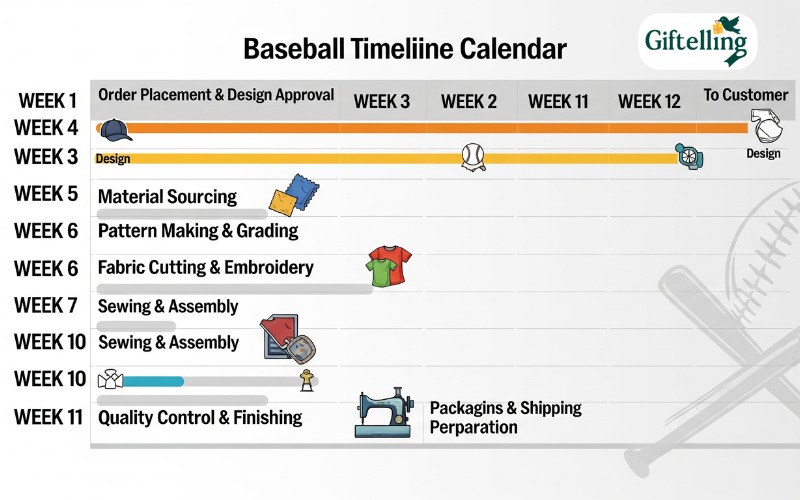 Production timeline calendar showing typical baseball jersey manufacturing schedule from order to delivery
