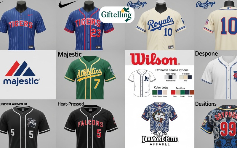 Logos and examples of popular baseball jersey maker brands showing different quality levels and specializations