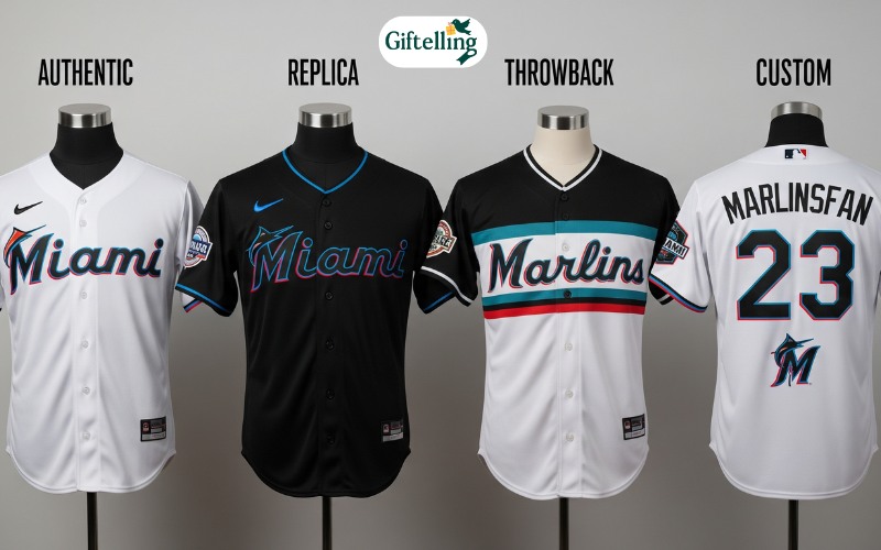 Different types of Marlins baseball jerseys displayed showing authentic, replica, throwback, and custom options