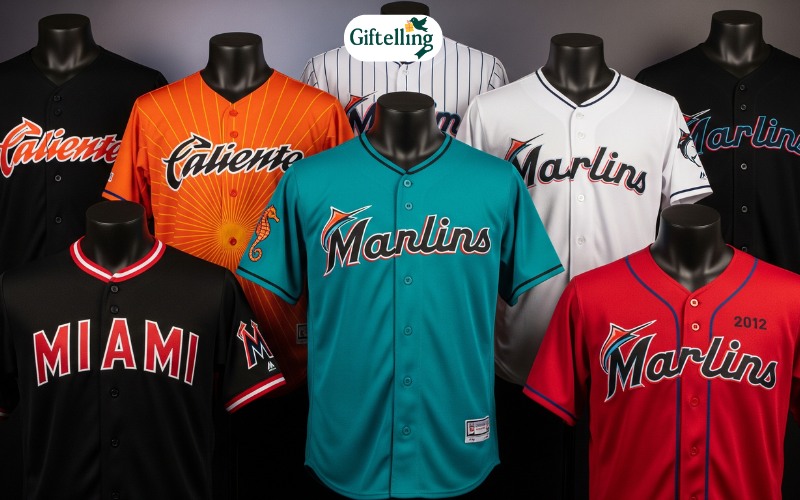 Collection of Miami Marlins baseball jerseys showing different eras including teal, orange, black, and red team colors