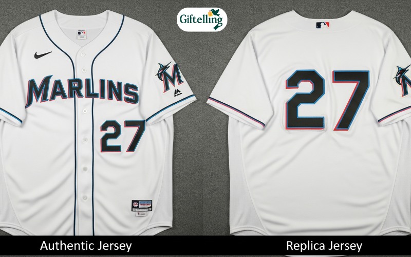 Side-by-side comparison of authentic versus replica Marlins baseball jerseys showing quality differences