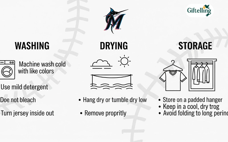 Marlins baseball jersey care instructions showing proper washing, drying, and storage methods