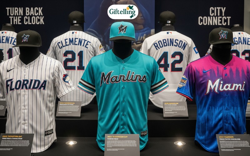 Special edition and throwback Marlins jerseys showing different commemorative designs and limited releases