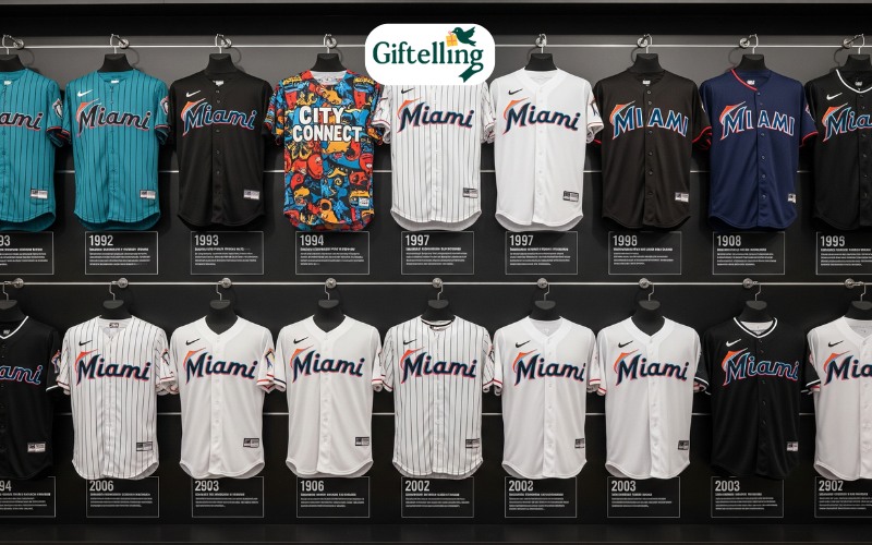 Baseball Jersey Marlins collection display showing different eras and special editions arranged chronologically