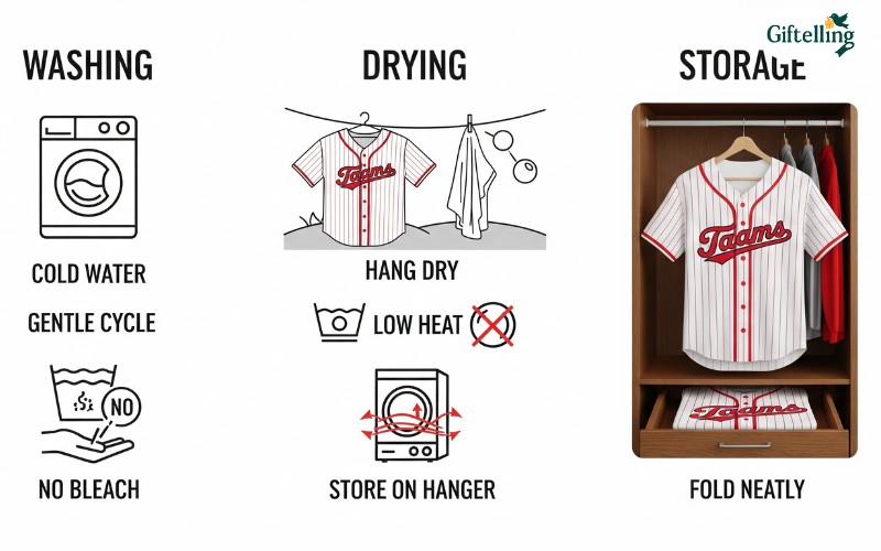 Baseball jersey shirt care instructions showing proper washing, drying, and storage methods