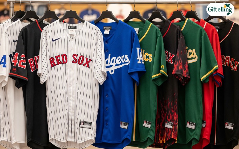 Collection of baseball jersey shirts in various team colors and styles displayed on hangers
