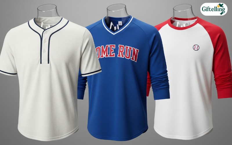 Different styles of baseball jersey shirts including henley, pullover, and raglan sleeve designs