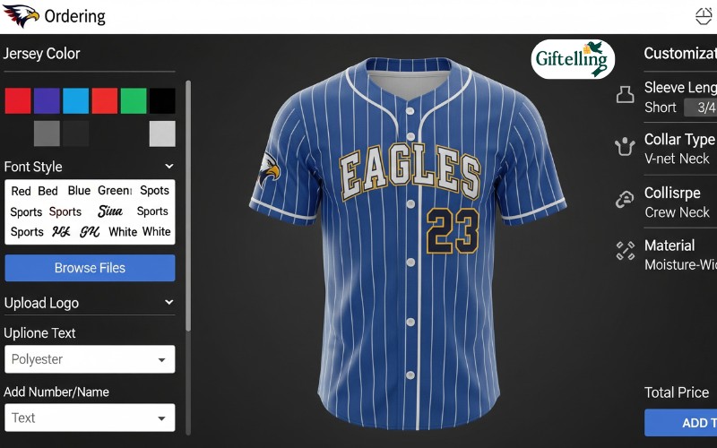Online ordering interface for custom baseball jerseys showing design tools and customization options available