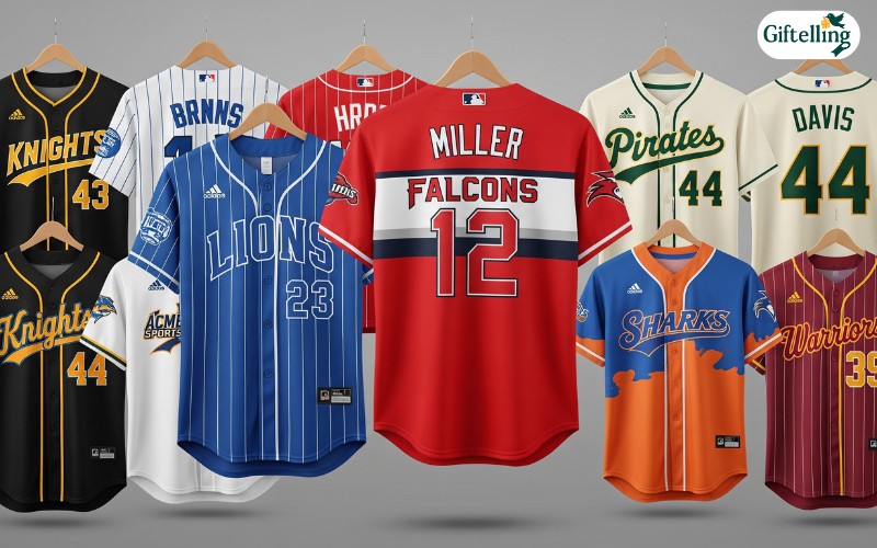 Collection of custom baseball jerseys showing various personalized designs, team colors, and individual player names