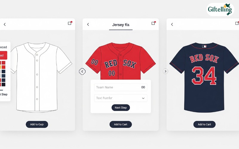 Design software interface showing custom baseball jersey creation tools with color palettes and font options