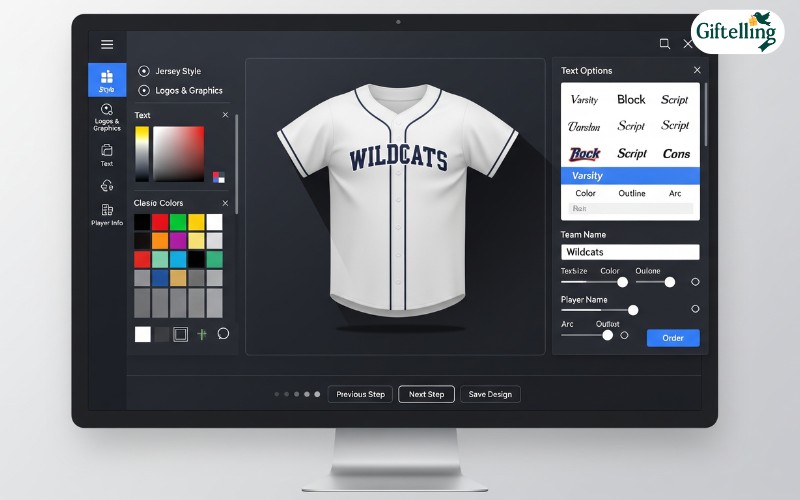 Step-by-step design interface showing custom baseball jersey creation process with color selection and text placement