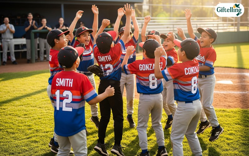 Baseball team photo showing coordinated custom jerseys with consistent design elements and individual player personalizations