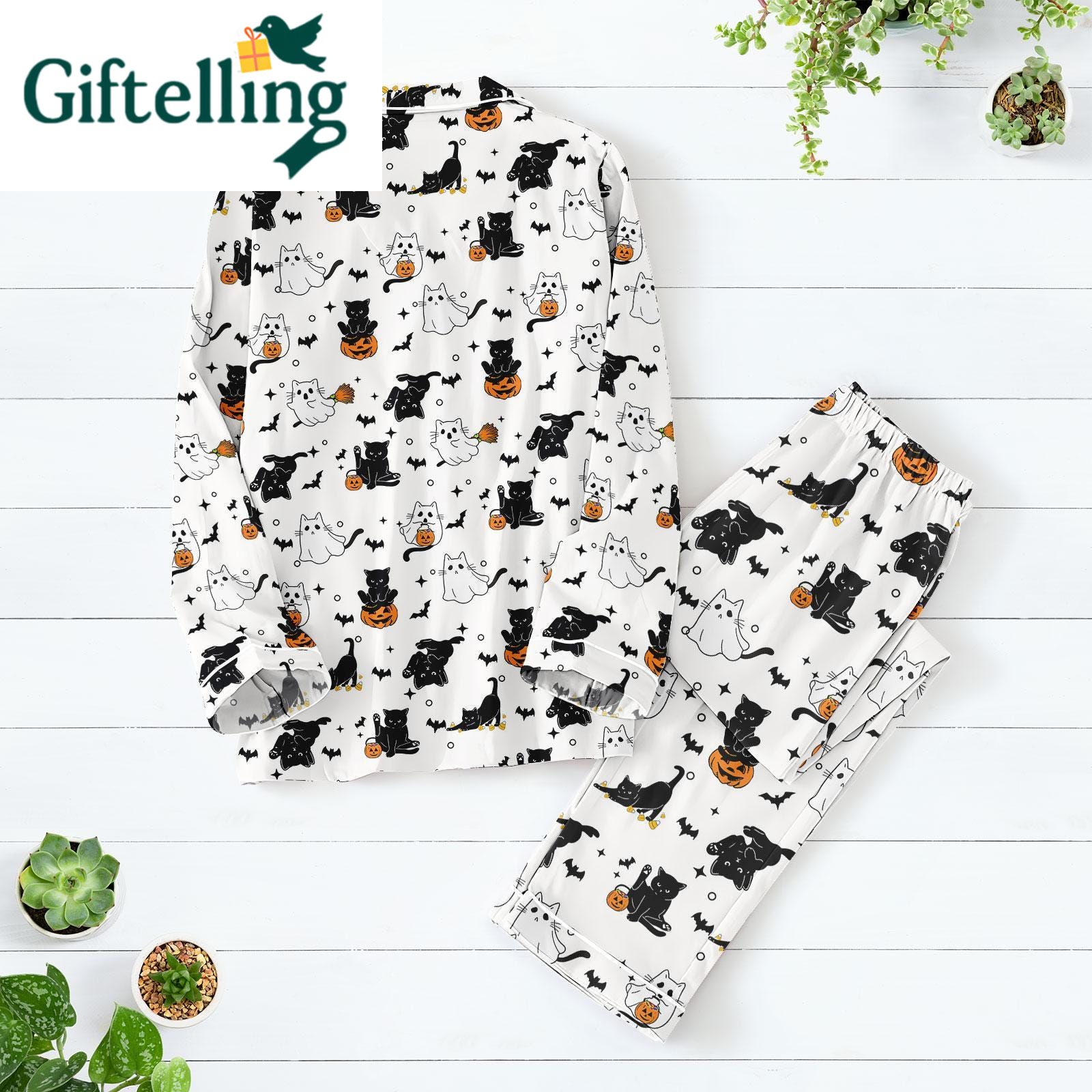 Black Cat Halloween Pajamas Set 3 When October's chill whispers through the trees, there's nothing quite like slipping into the Black Cat Halloween Pajamas Set to embrace the season's magic