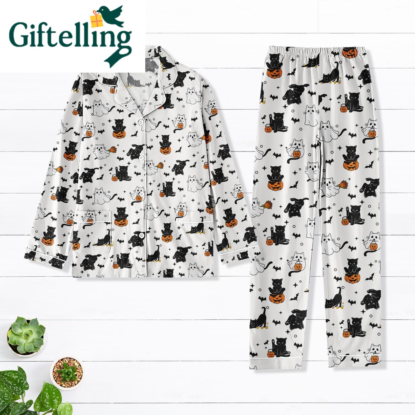 Black Cat Halloween Pajamas Set Black Cat Halloween Pajamas Set Cute Ghost Pajamas Cozy Fall Outfit