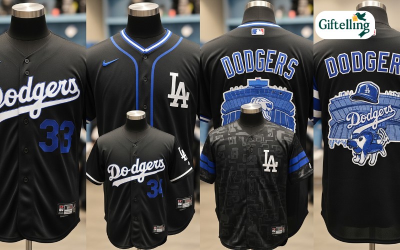 Collection of black Los Angeles Dodgers baseball jerseys showing various designs with blue and white accents