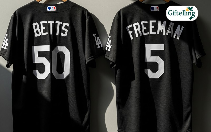 Mookie Betts and Freddie Freeman black Dodgers jerseys displayed side by side with player numbers
