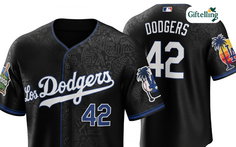 Black Dodgers City Connect jersey with unique Los Angeles cultural design elements and special patches