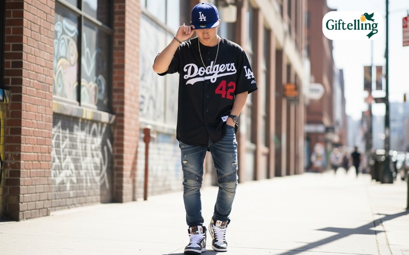 Fashion styling showing black Dodgers jersey paired with designer jeans and sneakers in urban setting