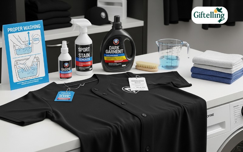 Jersey care setup showing proper washing supplies and techniques for maintaining black baseball jerseys