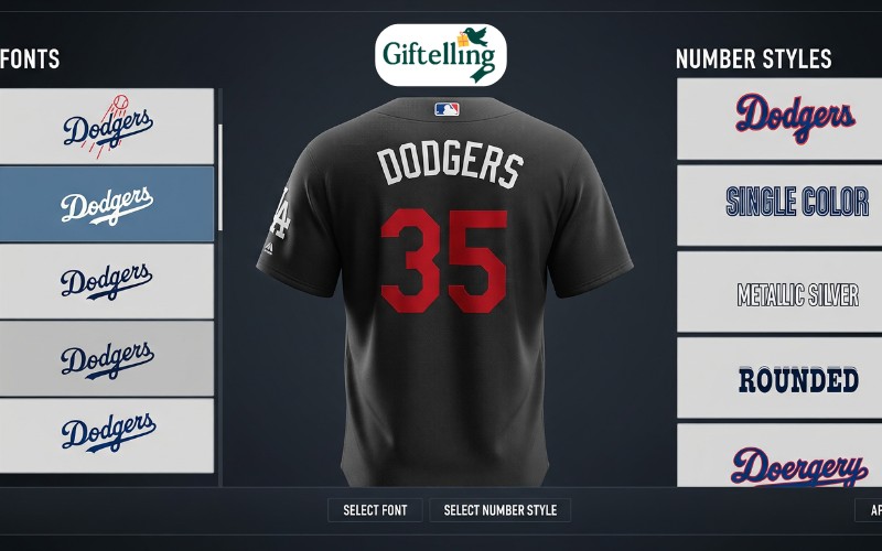 Customization options display showing different fonts and number styles available for black Dodgers jerseys