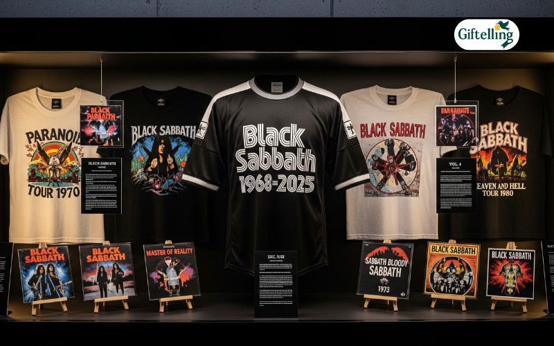 Collection display showing Black Sabbath Band 1968-2025 Jersey alongside vintage tour shirts and album covers demonstrating merchandise evolution
