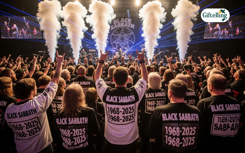 Black Sabbath fan community wearing 1968-2025 jerseys at metal concert showing generational appeal and cultural celebration
