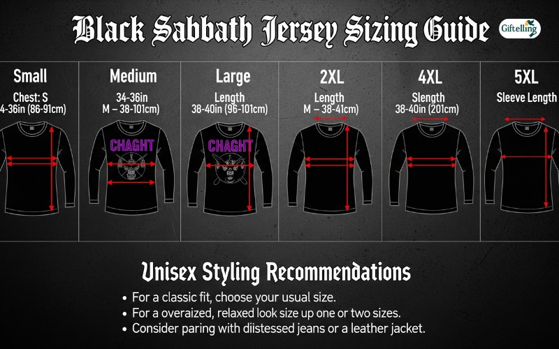 Black Sabbath jersey sizing guide showing fit measurements from small to 5XL with unisex styling recommendations