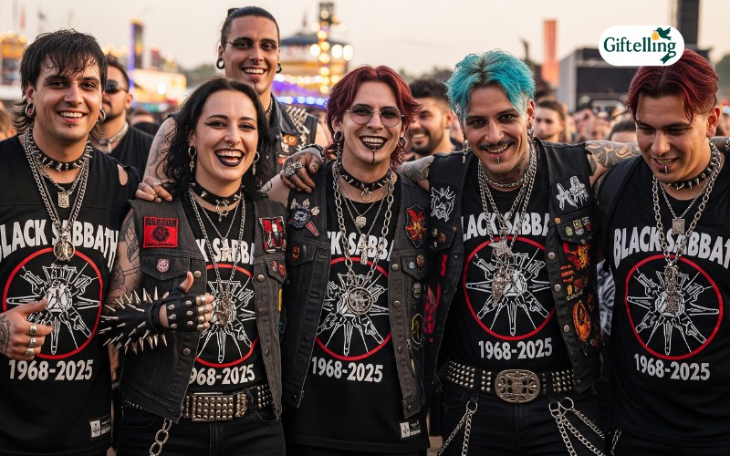 Music festival attendees wearing Black Sabbath Band 1968-2025 Jersey with metal fashion accessories showing community and style integration