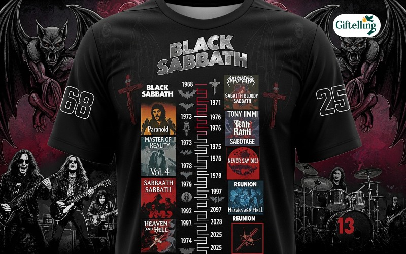 Black Sabbath jersey timeline design showing 1968-2025 milestone dates album covers and historical band moments in gothic styling