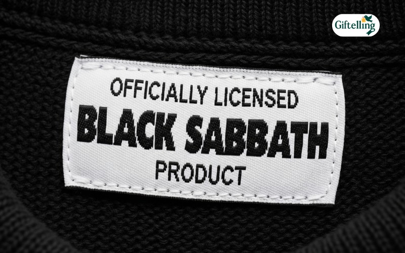 Close-up detail of Black Sabbath official licensing tag and premium fabric texture showing authentic band merchandise quality